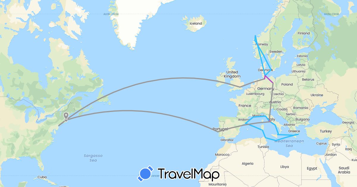 TravelMap itinerary: driving, plane, train, boat in Germany, Denmark, Spain, France, United Kingdom, Greece, Italy, Malta, Norway, Portugal, Tunisia, United States (Africa, Europe, North America)